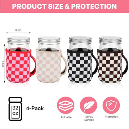 KJQJLY 4 Pcs Mason Jars Sleeves Neoprene 32oz Regular and Wide Mouth Mason Jar Sleeves Holder with Handle (Checkered, 32 OZ) - color: Checkered, size: 32 OZ