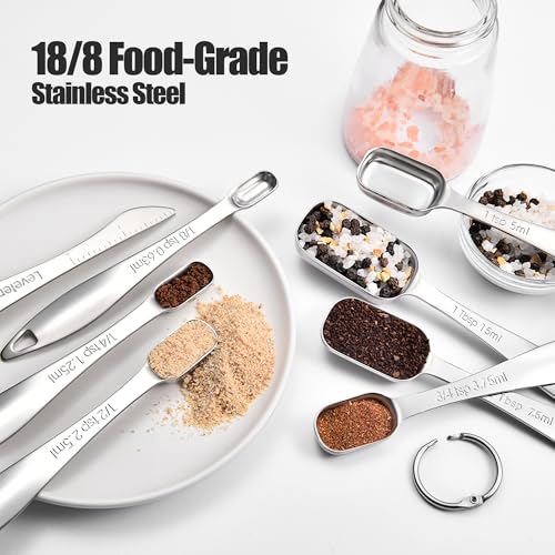 18/8 Stainless Steel Measuring Spoons: Doosu Heavy Duty Rectangular Spoon Square Teaspoon Tablespoon Scoop with Slim Long Handle in Narrow Spice Jar for Kitchen Baking Cooking (Set of 8 with Leveler) - size: Set of 8 with Leveler