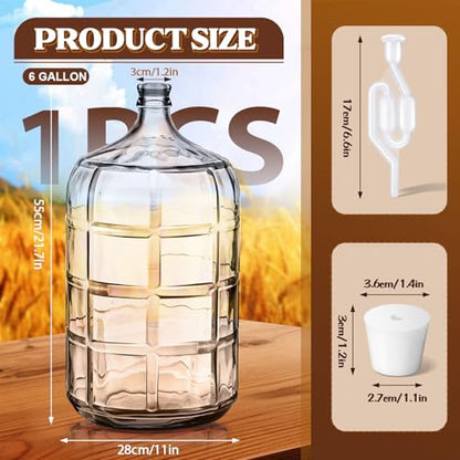 Suzile 6 Gallon Glass Carboy Set, 6 gallon glass water jug with Drilled & Undrilled Rubber Stoppers, Bubble Airlock, Handle and Brush, Fermenter Carboy Jug for Beer Wine Making Equipment (Clear) - size: 6 Gallon