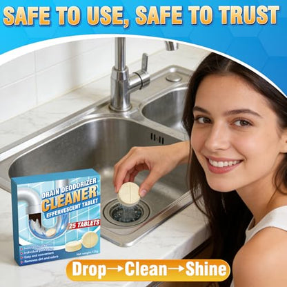 Garbage Disposal Cleaner and Deodorizer Tablets, 25 Pack Sink Cleaner Tablet, Powerful Foam Drain Cleaner, Effectively Removes Residue, Grime and Odors for Kitchen, Bathroom, Toilet, 1 Year Supply