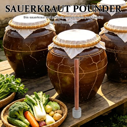 Sauerkraut Tamper: Wooden Handle Vegetable Tamper with Granite Pestle Head - Food Fermentation Masher Sauerkraut Pounder for Home Pickling and Kimchi Making - size: 45.00X7.00X7.00CM