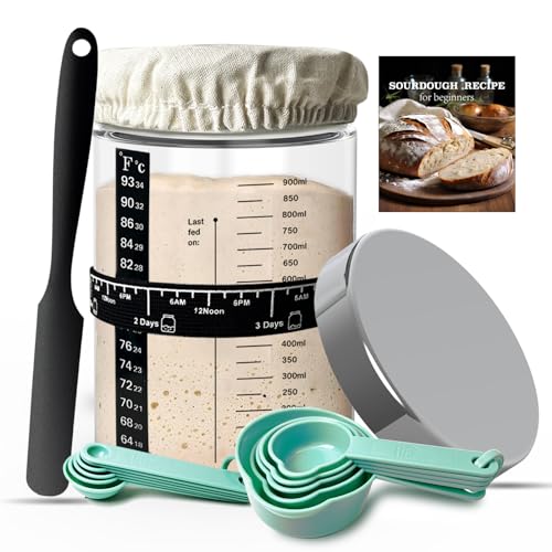 Sourdough Starter Jar Glass, 35oz Wide Mouth, Glass Jar for Sourdough Starter Kit Beginners, Sourdough Bread Starter Kit, Sourdough Discard jar with Lid, Recipe, Cover, Spoon