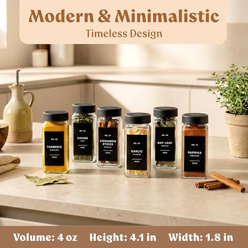 EDELHAUS Glass Spice Jars with Labels (24 x 4oz) Spice Containers with 240 Labels, Shaker Inserts, Funnel, Empty Square Empty Square Seasoning Organizer (Black Lids) - color: Black Lid