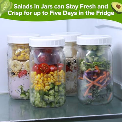 4 Pack Glass Salad Mason Jars with Lids Meal Prep 32 oz Wide Mouth | Mason Jars Salad Container for Lunch With Long Sporks-Leak-proof & Separate Compartments for Dressing and Dry Ingredients