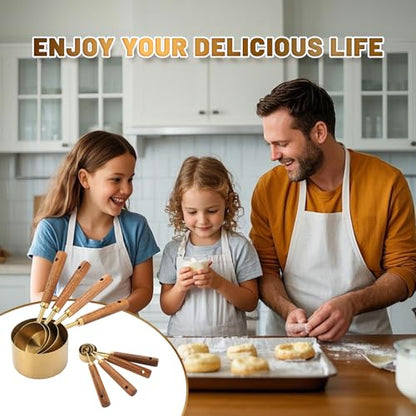 Premium Stainless Steel Measuring Cups and Spoons Set with Wood Handle, 8-Pieces Kitchen Essentials for Baking, Cooking, Coffee with Ergonomic Grip & Engraved Markings (Gold8) - color: Gold8