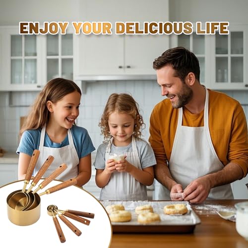 Premium Stainless Steel Measuring Cups and Spoons Set with Wood Handle | 8-Pieces Kitchen Essentials for Baking, Cooking, Coffee with Ergonomic Grip & Engraved Markings (Gold8) - color: Gold8