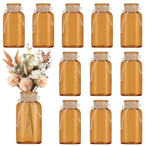 Vintage Glass Flower Vase, Farmhouse Glass Centerpiece Vases Mason Jars for Weddings, Parties & Home Decor Bulk (12, Amber) - color: Amber