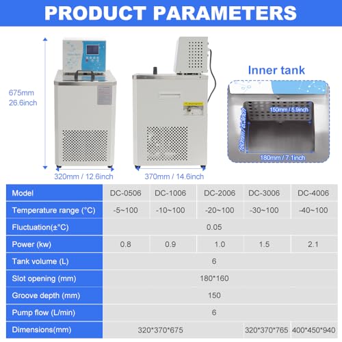 -5℃ ~100℃ Laboratory Chiller Circulator 6L Chiller Lab Low Temperature Cooling Liquid Circulator Pump Chiller Lab Recirculating Chiller Water Bath Recirculating Water Cooling Chiller,110V
