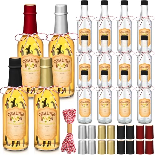 Tioncy 16 Pcs Empty Vanilla Extract Bottles for Homemade Vanilla Jar Glass Bottle with Cap, Shrink Band, Sticker DIY Crafts Wedding Gift Food Storage Canister for Bean(Multicolour,8.5 oz) - color: Multicolour, size: 8.5 oz