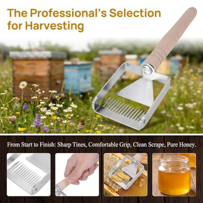 2-in-1 Beekeeping Uncapping Fork & Scraper, Stainless Steel Honey Harvesting Tool with Wooden Handle for Beehive