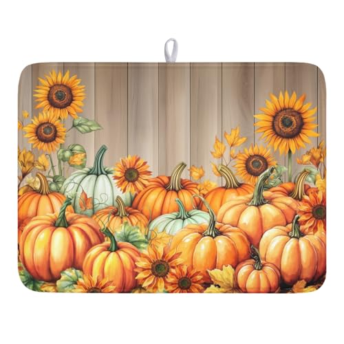 Fall Orang Pumpkin Dish Drying Mat for Kitchen Counter 18 x 24 Inch Autumn Sunflower Dish Drainer Mat Absorbent Microfiber Thanksgiving Wooden Dish Rack Pad for Coffee Dining Bar Decor - color: Pumpkin, size: 18" x 24"