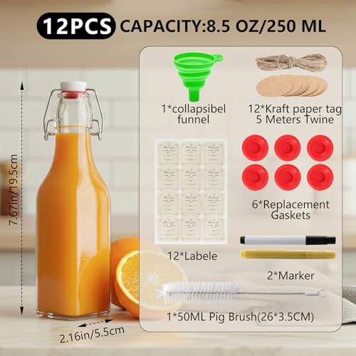Ruckae Square Swing Top Glass Bottles with Lids Kombucha Coquito Flip Top Glass Bottle for Syrup Vanilla Extract Brew Beer Kefir Air Tight Bottles for Gift (8.5 oz 12 pack) - size: 8.5 oz 12 pack