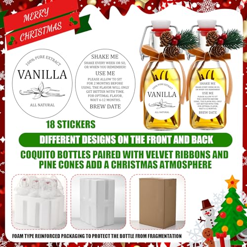 Sieral 9 Sets Vanilla Extract Bottles Clear Swing Top Glass Bottles for Gift Giving Homemade Vanilla Extract Jar Funnel Rope Labels for New Year Brewing Oil Beer Tea DIY Supply(Round Stickers,4 oz) - size: 4 oz, style: Round Stickers