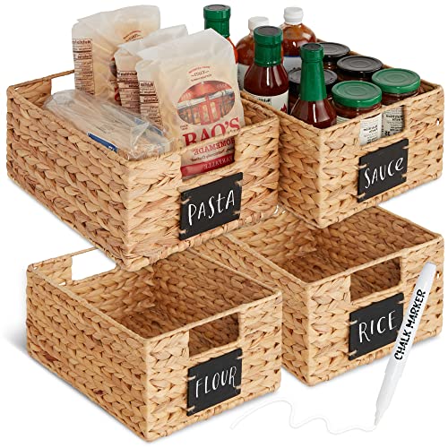 Best Choice Products 22.9 x 30.5cm(9 x 12인치) 워터 히아신스 식료품 저장실 바구니 4개 세트, 칠판 라벨이 있는 우븐 오거나이저, 분필 마커 - 내추럴 - color: 천연, size: 9x12x5in