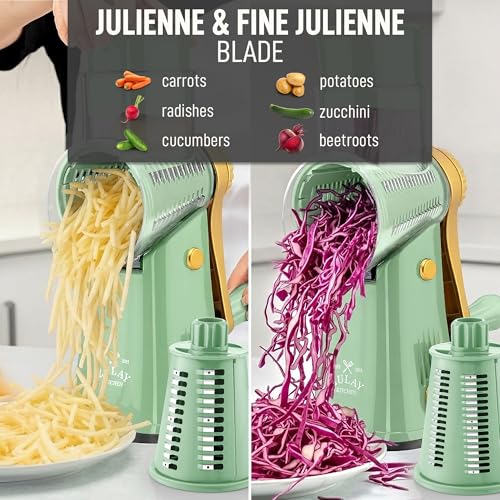 Zulay Kitchen Rotary Cheese Grater 5 Blade Cheese Shredder - Manual Hand Crank Cheese Grater With Reinforced Suction & 5 Interchangeable Drums - Easy to Use, Vegetable Chopper Round Mandoline Slicer - color: Sea Foam & Gold