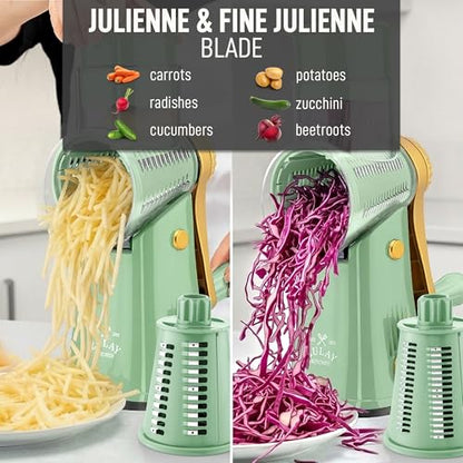 Zulay Kitchen Rotary Cheese Grater 5 Blade Cheese Shredder - Manual Hand Crank Cheese Grater With Reinforced Suction & 5 Interchangeable Drums - Easy to Use, Vegetable Chopper Round Mandoline Slicer - color: Sea Foam & Gold