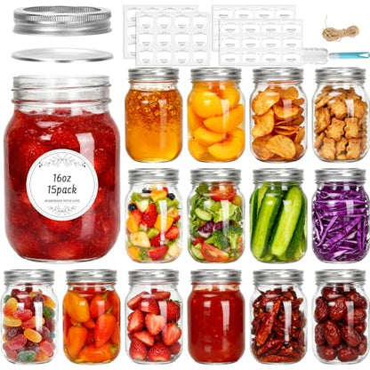 Glass Mason Jars 16 oz with Divided Lids ，15 Pack | Regular Mouth Canning Jars,Clear Glass Jars for Food Storage, Canning, Pickling, Dry Goods, Snacks, Candies, and DIY Projects - color: 16oz-15pack