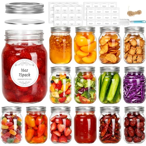 Glass Mason Jars 16 oz with Divided Lids ，15 Pack | Regular Mouth Canning Jars,Clear Glass Jars for Food Storage, Canning, Pickling, Dry Goods, Snacks, Candies, and DIY Projects - color: 16oz-15pack