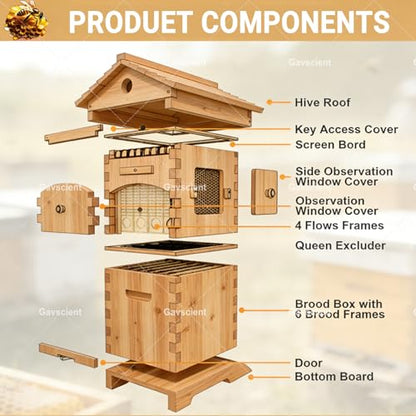 Self Flowing Bee Hive Box, Premium Cedar Wood Beehive Starter Kit Equipped with 7 Auto Super Frames and Bamboo Queen Excluder, Practical Beekeeping Supplies for Beginners and Hobbyists