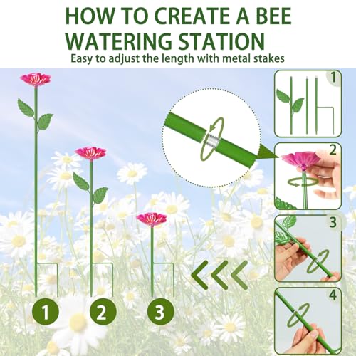 Bee Watering Station for Garden – 4 Pack Metal Flower Bee Bath with Decorative Bee, Butterfly Watering Station Cups with Glass Marbles – Butterfly Feeder for Outdoor Yard, Pollinator Water Feeder