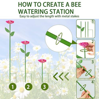 Bee Watering Station for Garden – 4 Pack Metal Flower Bee Bath with Decorative Bee, Butterfly Watering Station Cups with Glass Marbles – Butterfly Feeder for Outdoor Yard, Pollinator Water Feeder