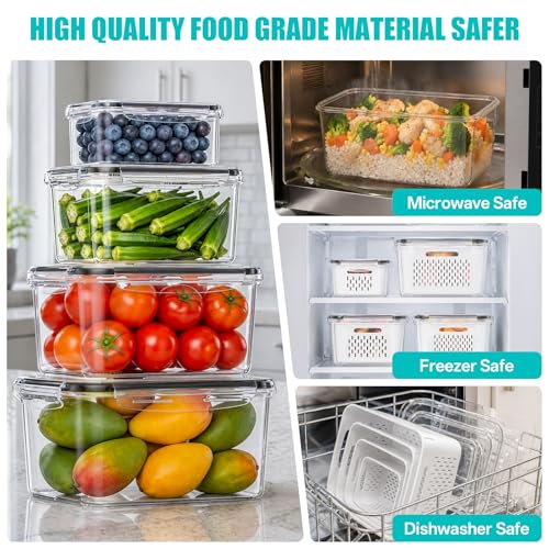 HOMETALL 8 Pack Fruit Storage Containers for Fridge with Strainer, BPA Free Fruit Cleaning Bowl Fridge Organizer, Plastic Fresh Keeper Set Refrigerator Organizer for Salad Berry Produce - size: 8PCS