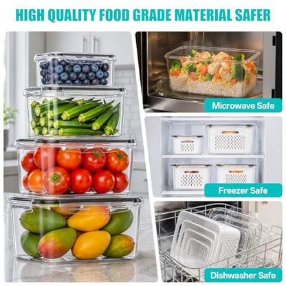 HOMETALL 4 Pack Fruit Storage Containers for Fridge Set, Produce Containers for Fridge with Strainer, Plastic Reusable Fridge Organizers and Storage for Berry Salad Lettuce, Size 3.4, 1.8, 0.9, 0.4QT - size: 4PCS