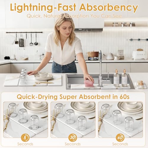 3 PCS Large Stone Dish Drying Mat for Kitchen Counter -24"x16" Absorbent Diatomaceous Earth Mat with Stone Faucet Mat & Soap Tray - Quick Dry, Collapsible, Non-Slip Countertop Organizer - color: gold Marble