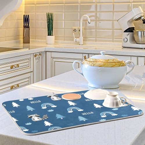 Raccoon Rainbow Tree Blue Dish Drying Mat for Kitchen Counter Super Absorbent Draining Mat with Non-slip Backed Dish Rack Pad for Draining Racks Countertops Sinks Dish Bottles Cups Bowl