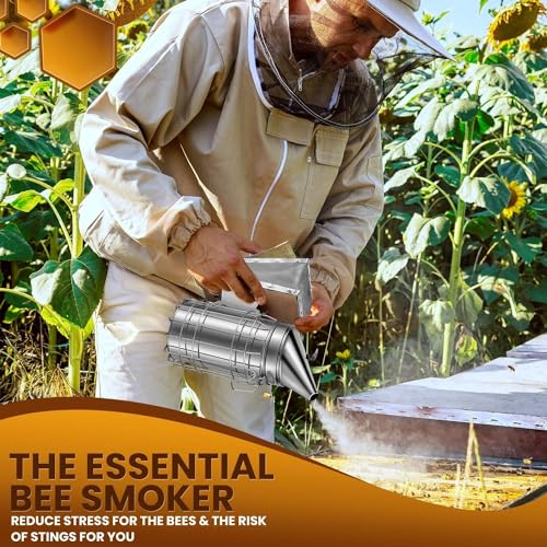 Flexzion Beehive Smoker - Bee Smoker Stainless Steel for Beekeeping, Durable Bellow & Heat Shield, Safe Bee Hive Smoker with Mounting Hook, Compatible with Bee Smoker Pellets