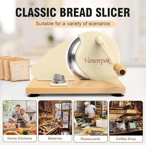 vanerepok Manual Bread Slicer Adjustable Thickness for Homemade Sourdough | Hand Crank Bread Cutter with Scale & Stable Suction Cups & Wood Base for Even Slicing Perfect Baking Gift for Home Bakers - color: White