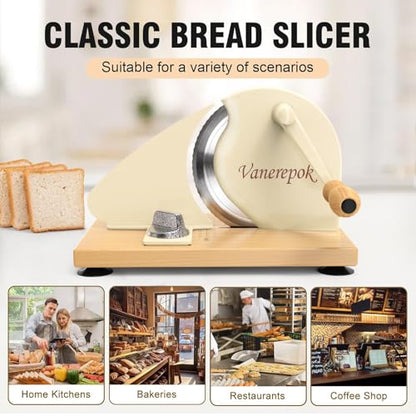 vanerepok Manual Bread Slicer Adjustable Thickness for Homemade Sourdough | Hand Crank Bread Cutter with Scale & Stable Suction Cups & Wood Base for Even Slicing Perfect Baking Gift for Home Bakers - color: White