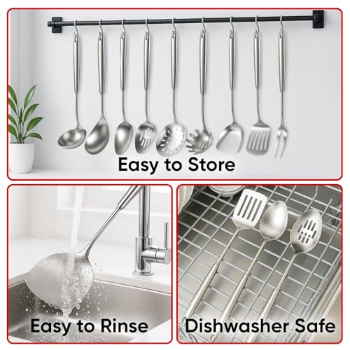 Newness 9 Pcs Cooking Utensils Set, 304 Stainless Steel Kitchen Utensils Set, Metal Kitchen Accessories, Include Soup Ladle, Slotted Skimmer Spoon, Spaghetti Spoon and Spatula, Dishwasher Safe - size: 9 PCS Cooking Utensils Set