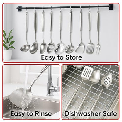 Newness 9 Pcs Cooking Utensils Set, 304 Stainless Steel Kitchen Utensils Set, Metal Kitchen Accessories, Include Soup Ladle, Slotted Skimmer Spoon, Spaghetti Spoon and Spatula, Dishwasher Safe - size: 9 PCS Cooking Utensils Set