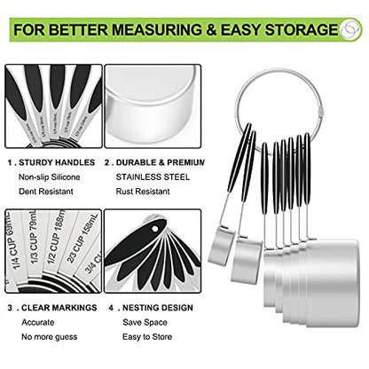 Measuring Cups and Measuring Spoons Set, Wildone Stainless Steel 8 Measuring Cups, 10 Measuring Spoons, 1 Leveler 1 Whisk & 5 Mini Spoons, for Dry and Liquid Ingredient - 25 Piece Black - color: Black, size: Set of 25