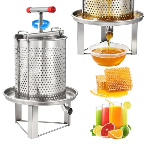 3.17 Gal Manual Honey Extractor with 0.2" Mesh & Detachable Design Honey Press Machine with Ergonomic T-Handle & Reinforced Tripod Base for Beeswax Juice Wine 201 Stainless Steel Easy to Clean