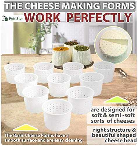 PetriStor 10pcs Small Cheese Mold for Cheese Making 1/3 qt - Soft Cheese Molds - Homemade Cheese Making Supplies - Cream Cheese Form Mold - Moldes Para Queso Fresco Casero - Feta Cheese Making