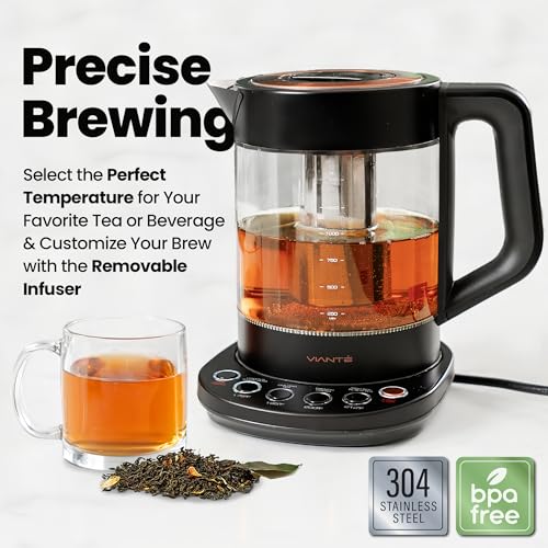 Viante Luxury Tea Set, Electric Kettle With Infuser, Gift for Tea Lovers | Borosilicate glass body plus ceramic teapot, 4 ceramic cups & bamboo tray. No plastic ever touches your water - style: Black with Tea Set