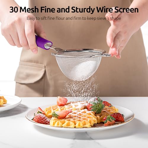 U-Taste Small Fine Mesh Strainer: 18/8 Stainless Steel 3.35in 30 Mesh Kitchen Food Sieve with Sturdy Riveted Silicone Handle, Heavy Duty Deep Handheld Metal Colander for Tea, Juice (Purple) - color: (5) Purple, size: S-3.35in