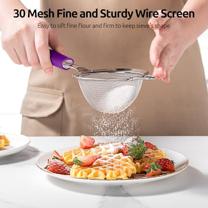 U-Taste Small Fine Mesh Strainer: 18/8 Stainless Steel 3.35in 30 Mesh Kitchen Food Sieve with Sturdy Riveted Silicone Handle, Heavy Duty Deep Handheld Metal Colander for Tea, Juice (Purple) - color: (5) Purple, size: S-3.35in