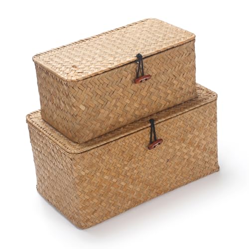DOKOT Rectangular Seagrass Storage Basket with Lid, Natural, Set of 2 (M+S) | Handwoven, For Shelves, Home Organizer Bins - size: Set of 2 (S+M)