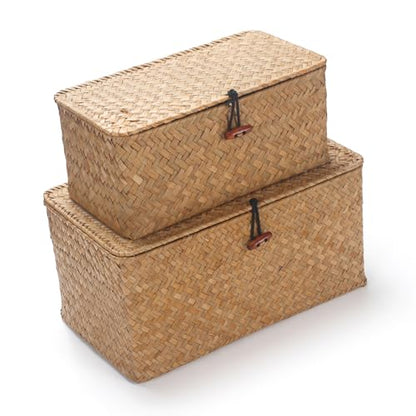 DOKOT Rectangular Seagrass Storage Basket with Lid, Natural, Set of 2 (M+S) | Handwoven, For Shelves, Home Organizer Bins - size: Set of 2 (S+M)
