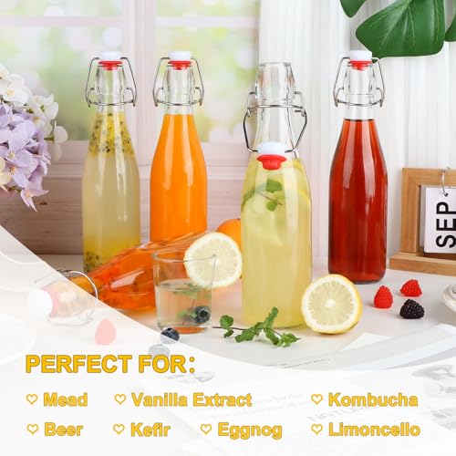 6 Pack 12 oz Swing Top Glass Bottles, 375 ML Flip Top Brewing Bottles with Airtight Stopper for Vanilla Extract, Kombucha, Beer, Kefir, Mead - size: 12oz