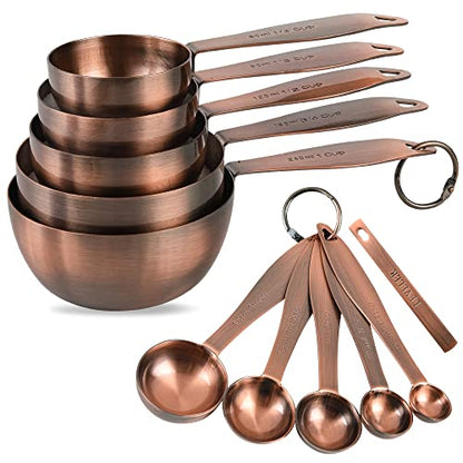 Copper measuring cups and spoons set,Includes Stainless Steel 5 Measuring Cups and 5 Measuring Spoons and Measure Ingredient Leveler and Rings（copper）