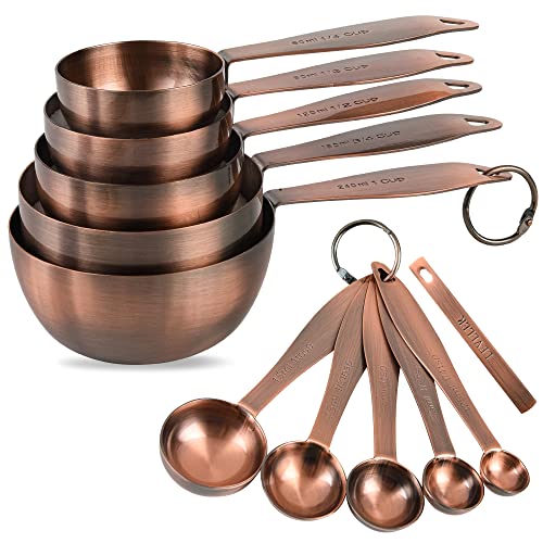 Copper measuring cups and spoons set,Includes Stainless Steel 5 Measuring Cups and 5 Measuring Spoons and Measure Ingredient Leveler and Rings（copper）