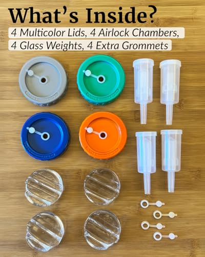 Elementi Mason Jar Fermentation Kit - 8 Pieces Glass Fermenting Weights & Wide Mouth Mason Jar Fermentation Lids - Sauerkraut, Kimchi & Pickling Kit - Airlocks for Fermenting - style: Set of 4 - Weights & Multicolor Lids