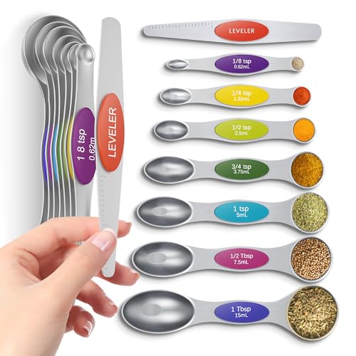 Premium Magnetic Measuring Spoons Set|Strong N52 Magnets|Heavy Duty Stainless Steel|Dual-Sided for Spice Jar & Liquid Measuring|Dishwasher Safe|7 Spoons with Leveler for Baking & Cooking (Colorful) - color: Magnetic Measuring Spoons Set Light Colorful