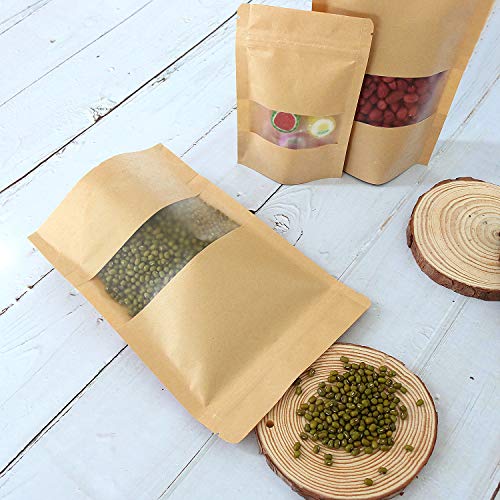 SumDirect Kraft Stand Up Pouches - 50Pcs Resealable Kraft Paper Stand Up Bags with Window, Zipper Disposable Food Storage Bags for Home or Business (50, 5.5x7.8inch) - size: 5.5x7.8inch