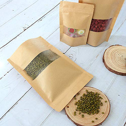 SumDirect Kraft Stand Up Pouches - 50Pcs Resealable Kraft Paper Stand Up Bags with Window, Zipper Disposable Food Storage Bags for Home or Business (50, 5.5x7.8inch) - size: 5.5x7.8inch
