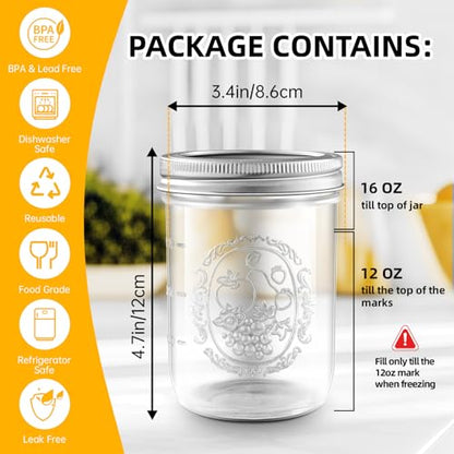 Miuyhji Mason Jars 16 oz with Lids, 9 Pcs Wide Mouth Glass Canning Jars with Airtight Lids and Bands, Overnight Oats Containers for Pickling, Freezing, Preserving, Meal Prep, Jar Décor - size: 16 oz-9Pcs (Clear)